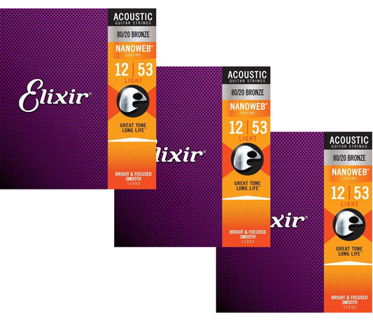 Elixir Strings 11052 Nanoweb 80/20 Acoustic Guitar Strings - .012-.053 Light 3 Pack