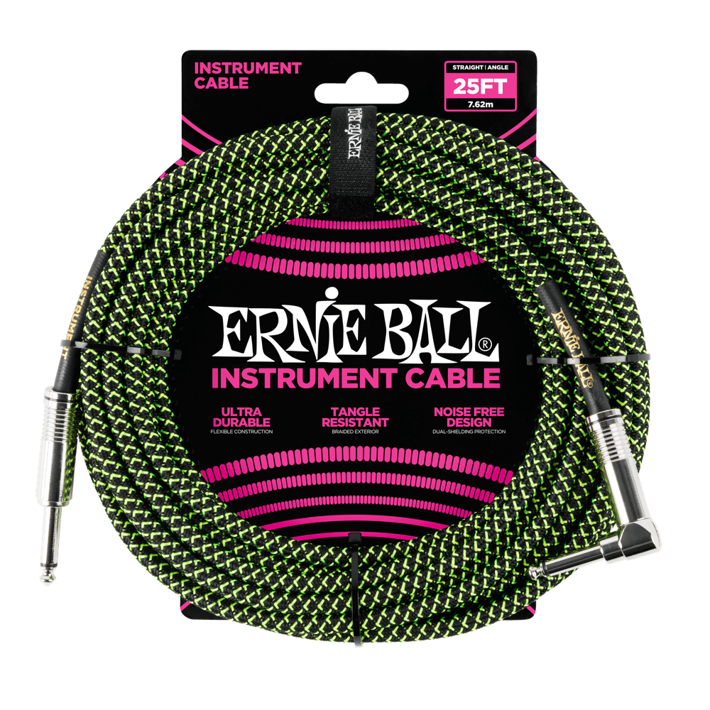 Ernie Ball 25ft Braided Straight Angle Inst Cable Blk/Grn