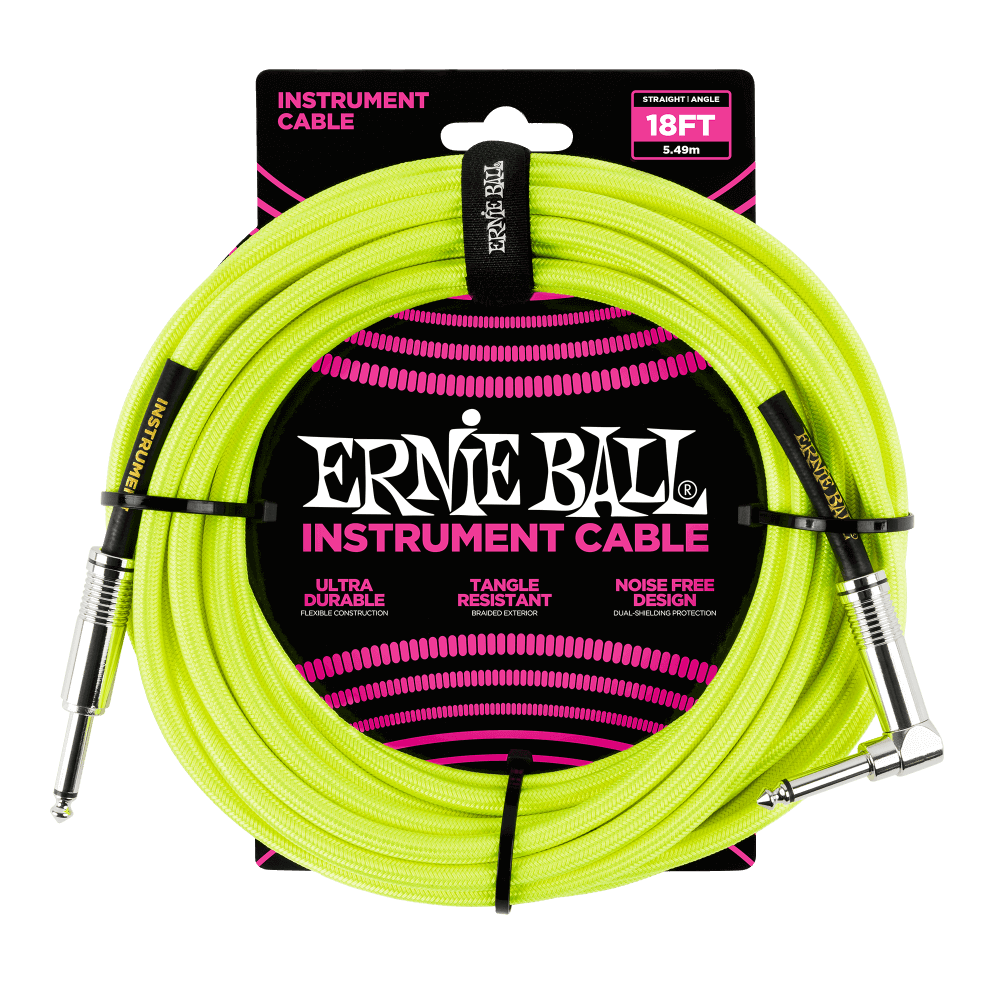 Ernie Ball 18ft Braided Straight Angle Inst Cable Neon Yellow 2 Pack