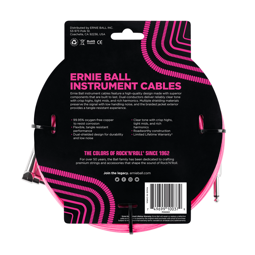 Ernie Ball 18ft Braided Straight Angle Inst Cable Neon Pink