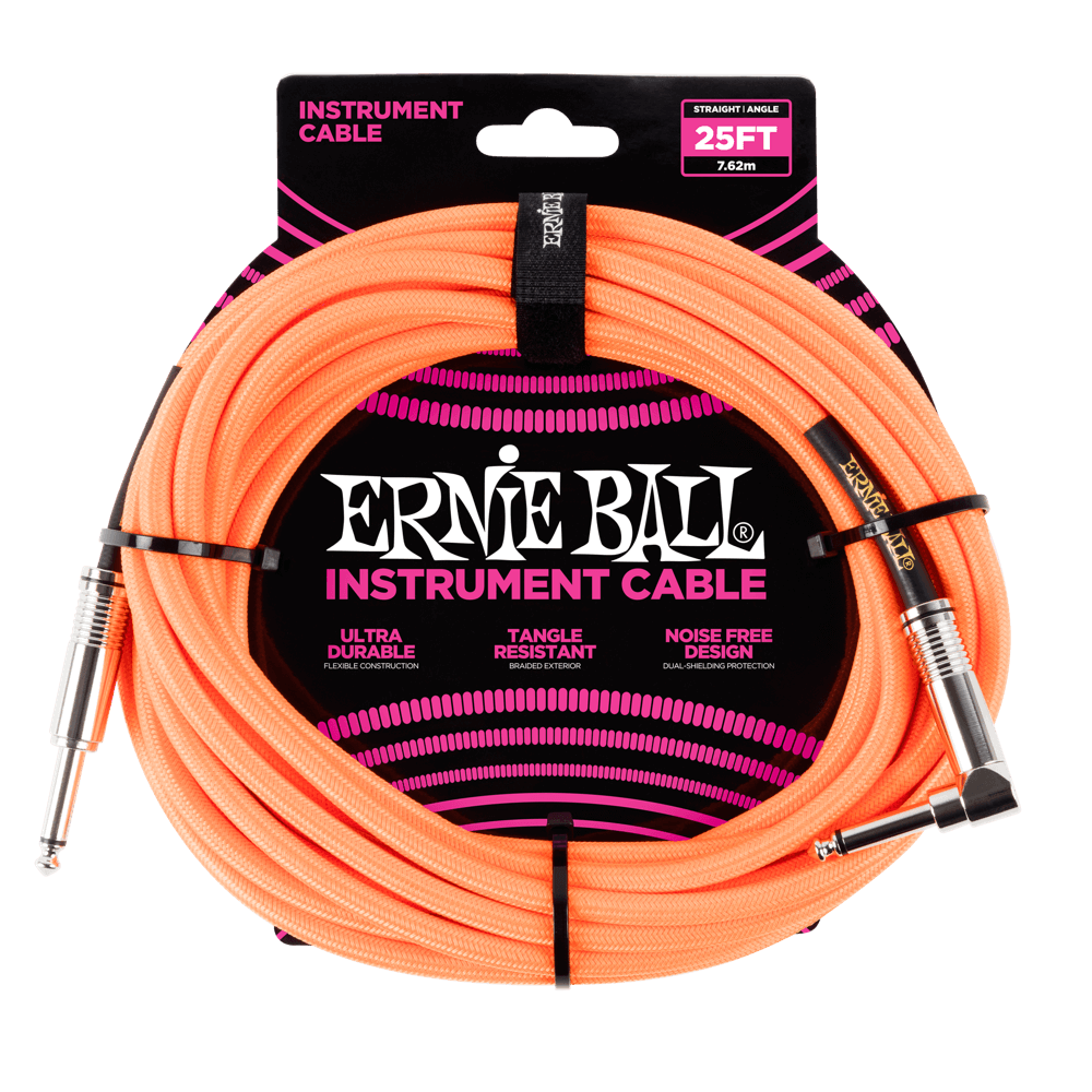Ernie Ball 25ft Braided Straight Angle Inst Cable Neon Orange 2 Pack