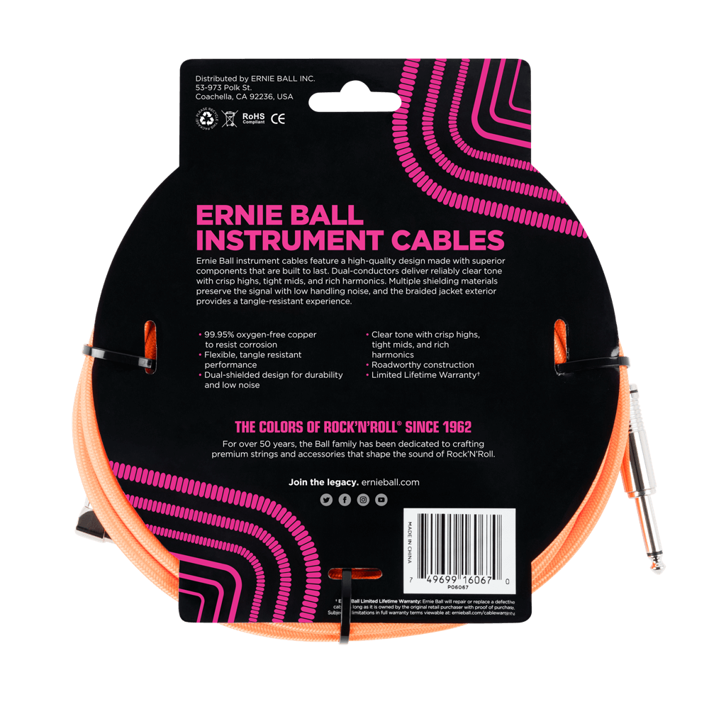 Ernie Ball 25ft Braided Straight Angle Inst Cable Neon Orange 2 Pack