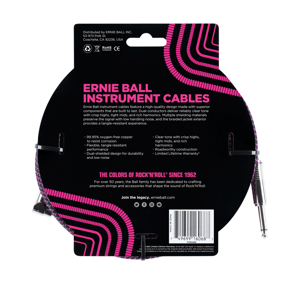 Ernie Ball 25ft Braided Straight Angle Inst Cable Black Purple