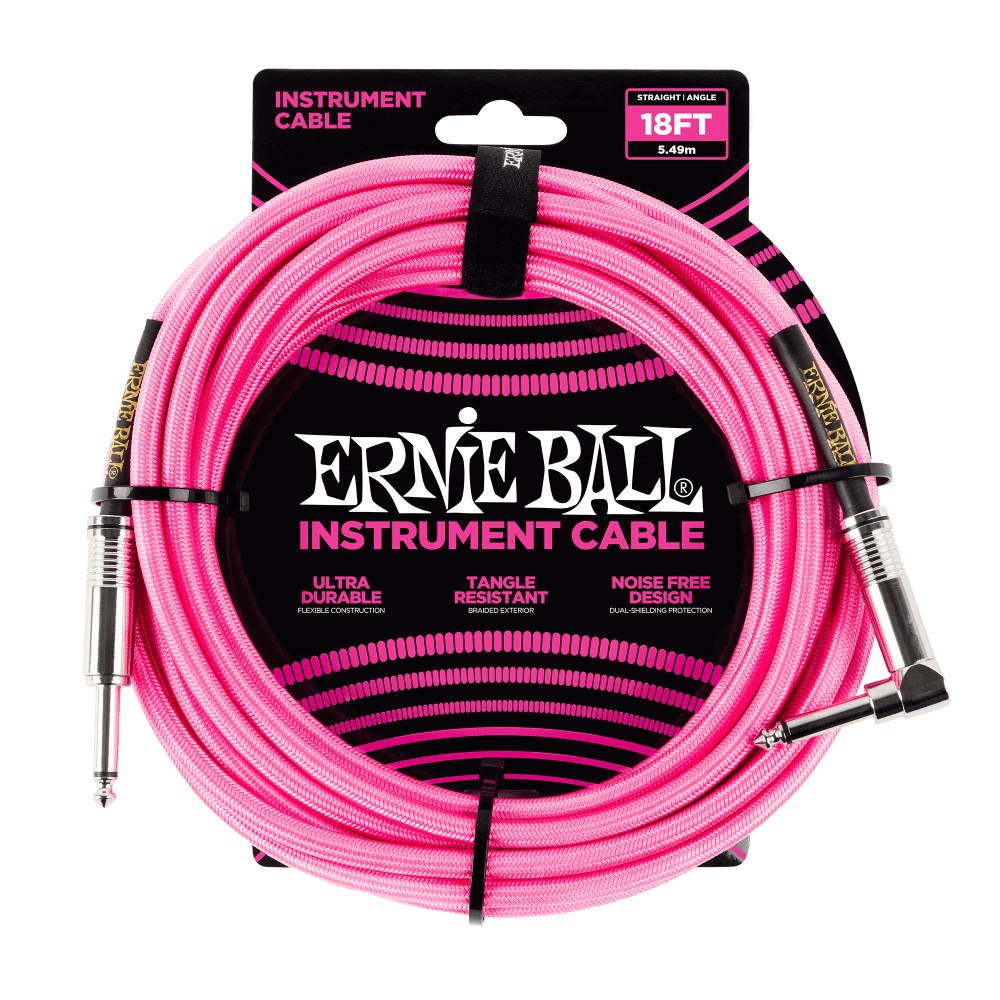 Ernie Ball 18ft Braided Straight Angle Inst Cable Neon Pink