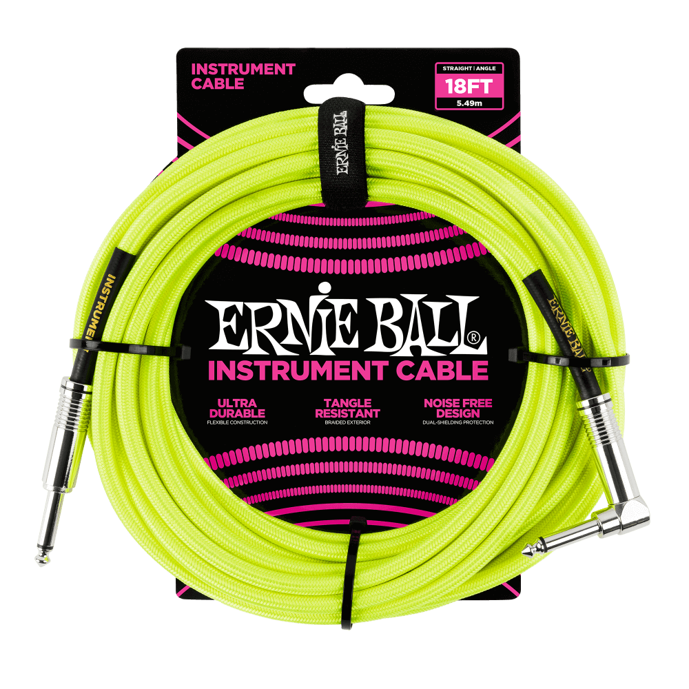Ernie Ball 18ft Braided Straight Angle Inst Cable Neon Yellow