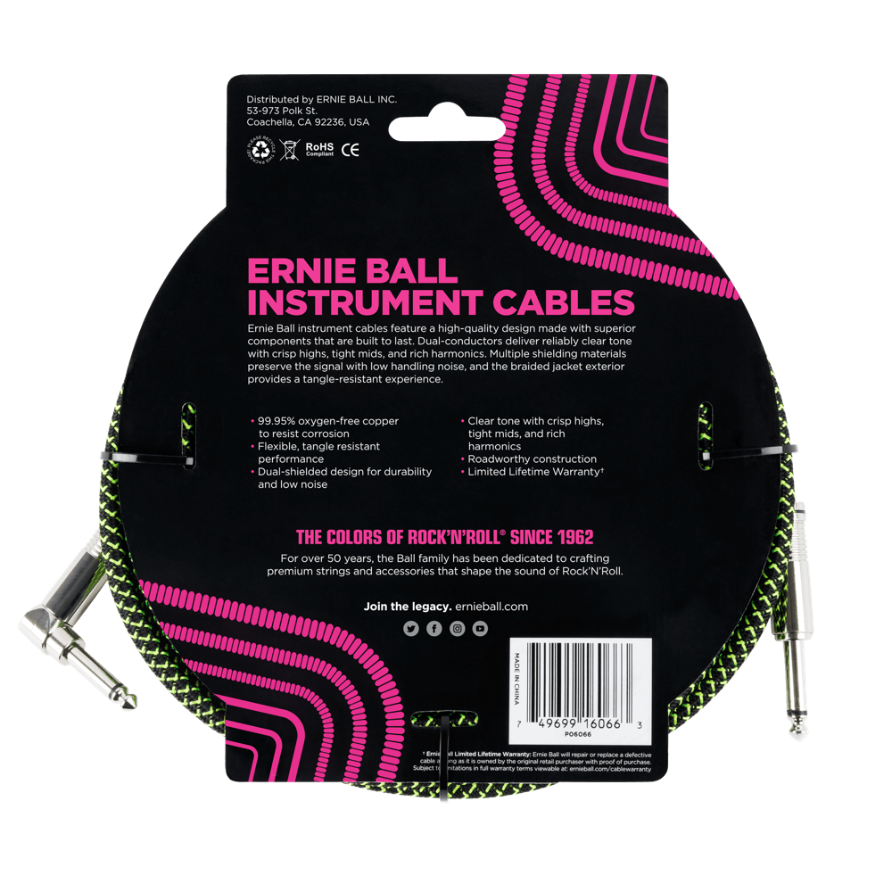 Ernie Ball 25ft Braided Straight Angle Inst Cable Blk/Grn