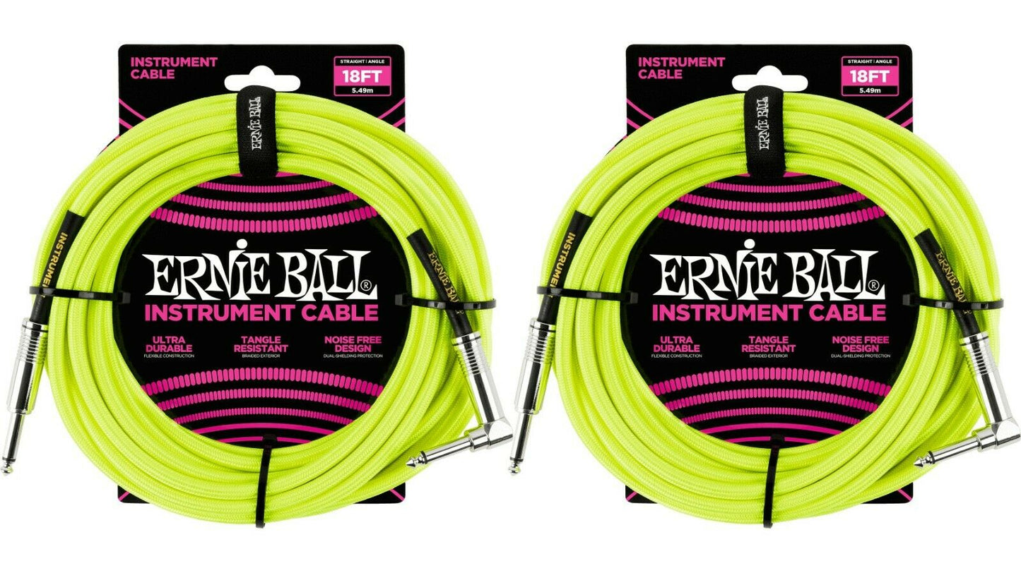 Ernie Ball 18ft Braided Straight Angle Inst Cable Neon Yellow 2 Pack