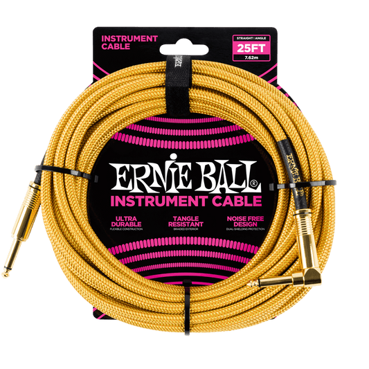 Ernie Ball 25ft Braided Straight Angle Inst Cable Gold Gold