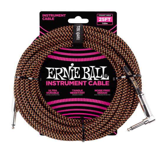Ernie Ball 25ft Braided Straight Angle Inst Cable Black Orange
