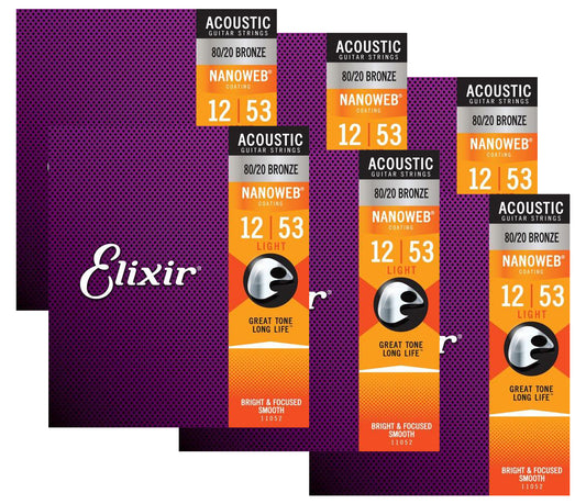 Elixir Strings 11052 Nanoweb 80/20 Acoustic Guitar Strings - .012-.053 Light 6 Pack