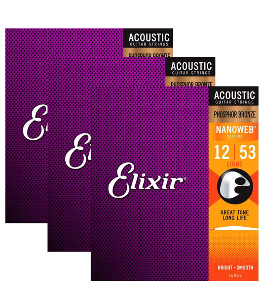 Elixir Strings 16052 Phosphor Bronze Acoustic Guitar Strings - .012-.053 Light 3 pack