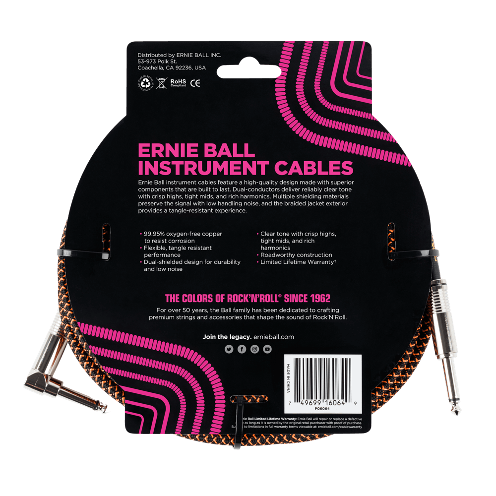 Ernie Ball 25ft Braided Straight Angle Inst Cable Black Orange