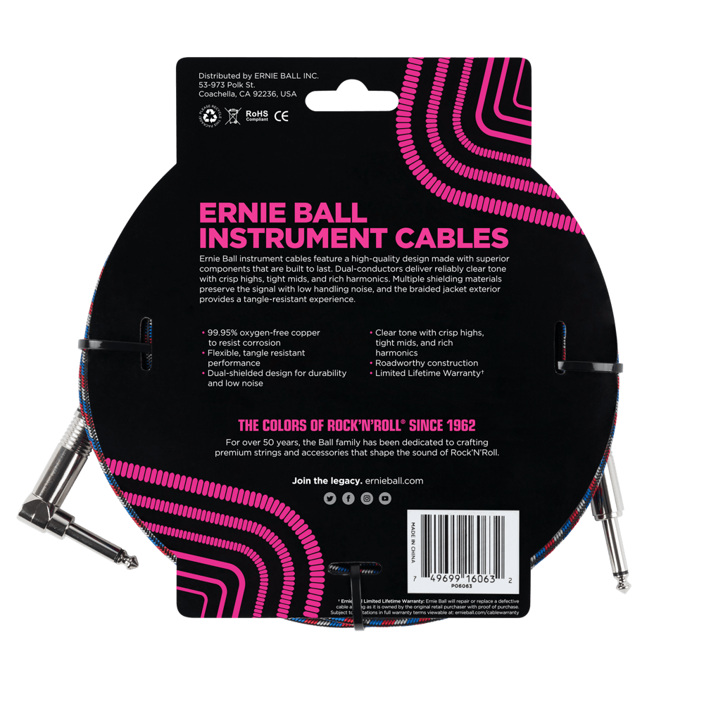 Ernie Ball 25ft Braided Straight Angle Inst Cable Black Red Blue White