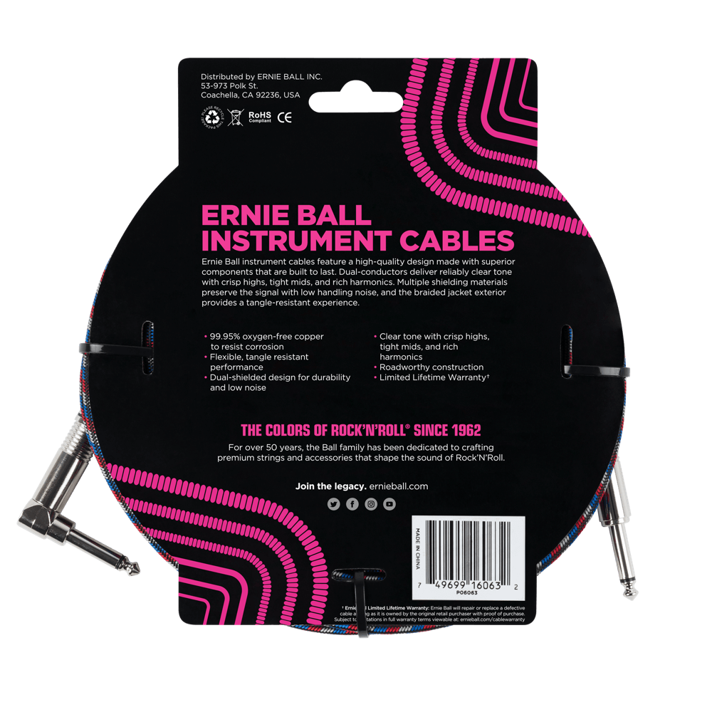 Ernie Ball 25ft Braided Straight Angle Inst Cable Black Red Blue White 2 Pack