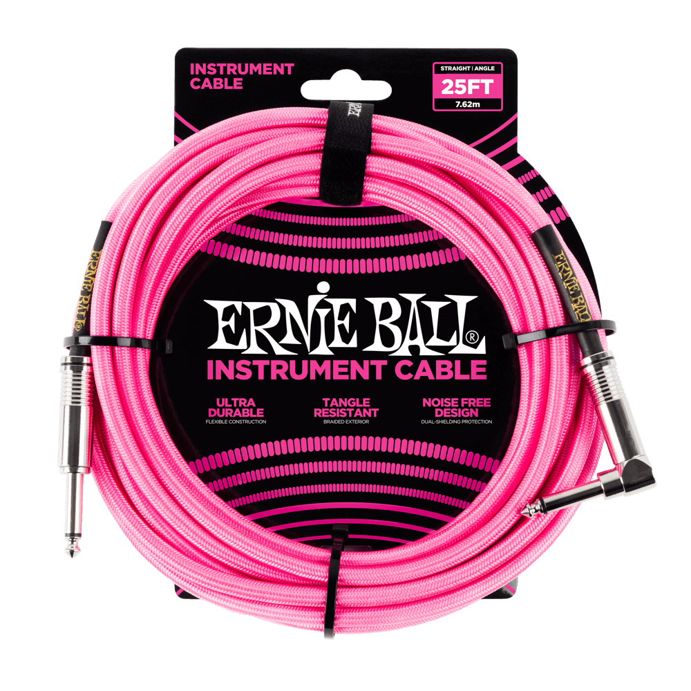 Ernie Ball 25ft Braided Straight Angle Inst Cable Neon Pink