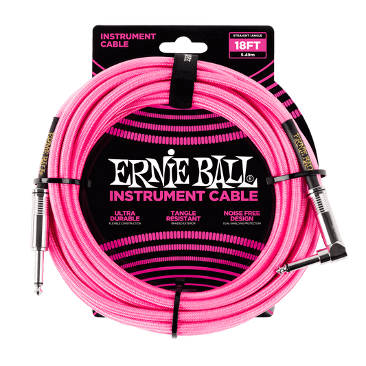 Ernie Ball 18ft Braided Straight Angle Inst Cable Neon Pink