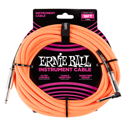 Ernie Ball 18ft Braided Straight Angle Inst Cable Neon Orange